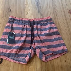 Pull&Bear Men's Coral and Charcoal Striped Swim Trunks